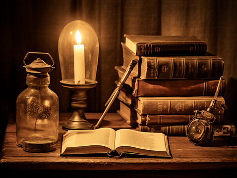Sepia - toned photo, old leather - bound books on a wooden desk, quill and inkpot, ambient candlelight, a sense of history and wisdom
