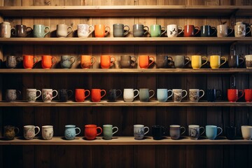 Mugs displayed on wooden shelves. Generative AI