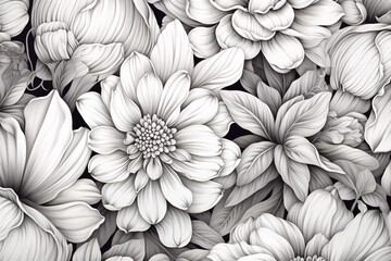drawing with flowers, black and white, in the style of subtle color variations, wallpaper