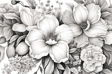 drawing with flowers, black and white, in the style of subtle color variations, wallpaper