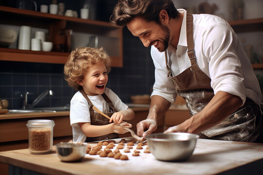 father and son bake cookies together