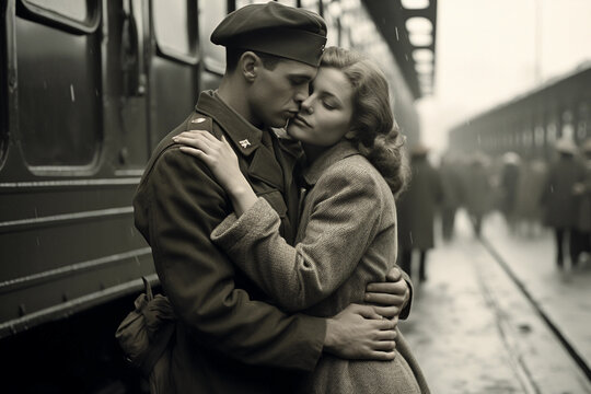 Wartime photograph, soldiers saying goodbye at a train station, embracing loved ones, emotional tension, fading uniforms
