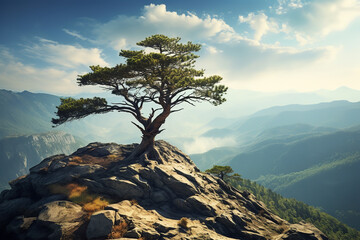 Fototapeta na wymiar Tree on top of Mountain range 