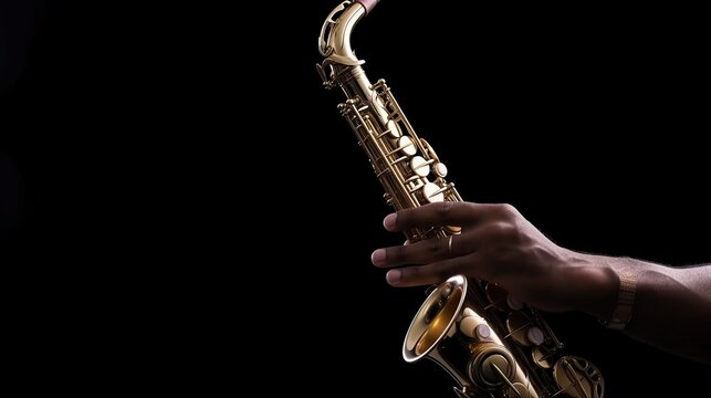 Hand holding saxophone isolated black background. AI generated image