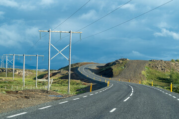 Twisty mountain road in Iceland leading to Seydisfjordur, Iceland in summer