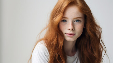 Portrait of smiling teen girl with freckles and red hair isolated on white background, copy space