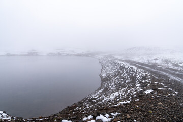 Scene with minimal visiblity in Northern Iceland, during a summer snowstorm