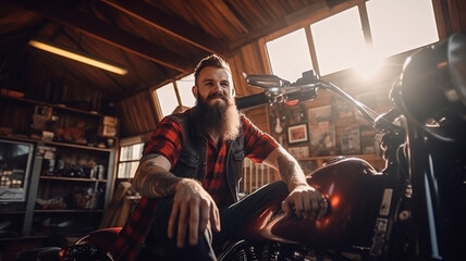 Fototapeta na wymiar brutal bearded man with long beard in a leather cap sitting on a motorcycle