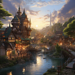 Obraz premium Enchanting Fantasy Illustration: Magical Village with Intricate Details