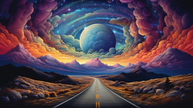 Long road through prairie landscape leading to sunset horizon, Surreal heavenly cosmic sky parallel universe, another dimension within our world, unreal golden hour cloudscape - generative AI