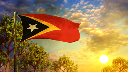 waving flag of Timor Leste at sundown for memorial day - abstract 3D rendering