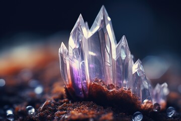 Clear quartz like crystal cluster points, brilliant translucent clarity, faceted light shine, crystalline mineral embedded into rock - generative AI
