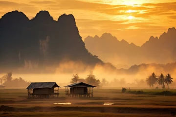 Fotobehang Beautiful sunrise over Karst Mountains in Vientiane Province, Laos. Generative AI © Esme