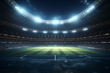 Illuminated 3D rendering of an unoccupied football stadium. Generative AI