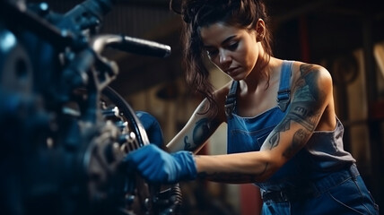 Obraz na płótnie Canvas woman in uniform repairing a motorcycle in a garage. high quality photo