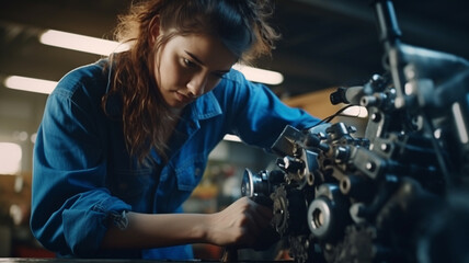 Fototapeta na wymiar woman in uniform repairing a motorcycle in a garage. high quality photo