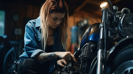 Fototapeta na wymiar woman in uniform repairing a motorcycle in a garage. high quality photo