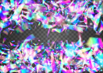 Bokeh Confetti. Hologram Sparkles. Disco Prismatic Template. Crystal Foil. Surreal Art. Purple Blur Effect. Iridescent Tinsel. Shiny Flyer. Pink Bokeh Confetti