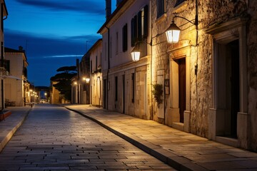 Fototapeta na wymiar Street lit by lamps at evening in Porec town, Croatia, Europe. Generative AI