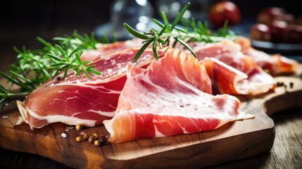 Slices of tasty cured ham with rosemary - obrazy, fototapety, plakaty