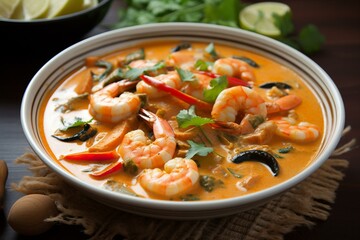 A flavorful seafood curry with coconut milk - a delicious dish originating from Southeast Asia. Generative AI