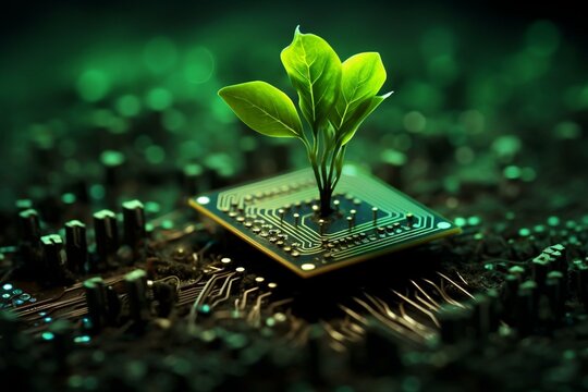 An organic digital background emerges as a green sprout grows on a computer chip. Generative AI