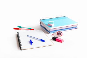 Still life with a white background of school supplies for the long-awaited return to school.