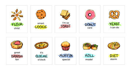Colorful bread and bakery fun pun set