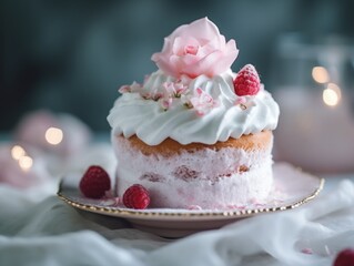 Obraz na płótnie Canvas A cake with white frosting and raspberries on a plate
