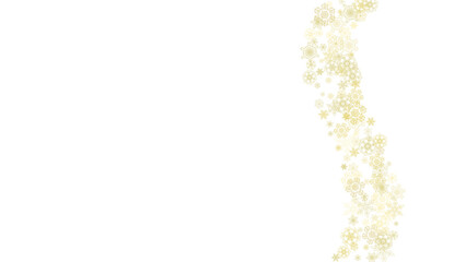 Glitter snowflakes frame on white horizontal background. Shiny Christmas and New Year frame for gift certificate, ads, banners, flyers. Falling snow with golden glitter snowflakes for party invite