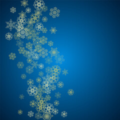New Year snow on blue background. Gold glitter snowflakes. Christmas and New Year snow falling backdrop. For season sales, special offers, banners, cards, party invites, flyers. Frosty winter on blue.