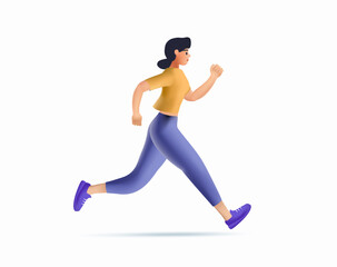 3D woman character runner. 3D vector concept illustration of female athletes running in the park, forest, stadium track