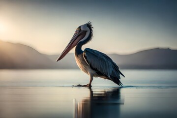 pelican at sunset - obrazy, fototapety, plakaty