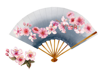 Watercolor illustration of a gray open paper fan with cherry blossoms