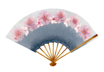Watercolor illustration of a gray open paper fan with cherry blossoms