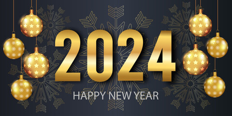 Happy New Year 2024. Golden metal number. Realistic 3d render sign. festive realistic decoration, Christmas balls, and snowflakes. Celebrate party 2024, Web Poster, banner, cover card, brochure, flyer