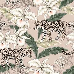 Tropical leopard, orchid flowers, palm leaves, beige background. Seamless pattern. Vector illustration. Exotic plants, animals. Summer beach design. Paradise nature