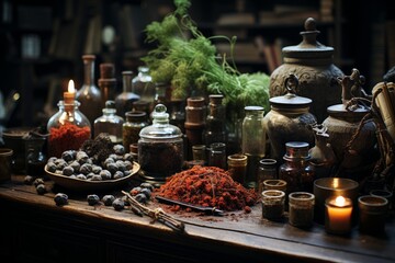 moody composition of an apothecary table filled with herbs, spices, and vintage bottles