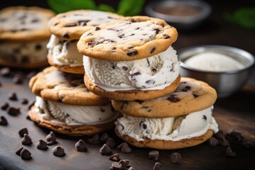 Ice cream sandwiches with chocolate chips and mint leaves on a wooden table.