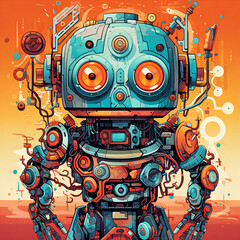 Graphic Novel Style Robot Illustration with Cute and Vibrant Colors, Intricate Details