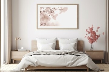 Warm and welcoming bedroom decor with a framed poster mockup. 3D rendering and illustration. Generative AI