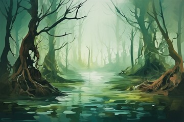 Abstract swamp underwater landscape with drowned trees, algae representing marine ecology. Generative AI - obrazy, fototapety, plakaty