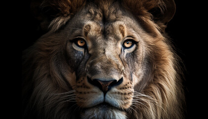 Majestic lion staring at camera, showcasing strength and alertness generated by AI
