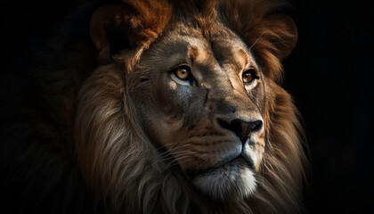 Fototapeta premium Majestic lion staring at camera, showcasing strength in wilderness area generated by AI