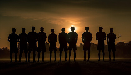 Silhouette of men and women standing, back lit by sunset generated by AI