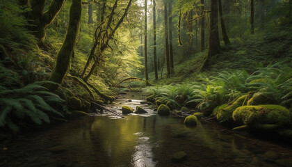 Tranquil scene of a wet forest with green leaves and flowing water generated by AI