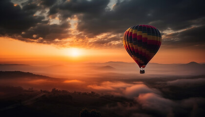 Obraz premium Hot air balloon adventure flying high over mountain landscape generated by AI