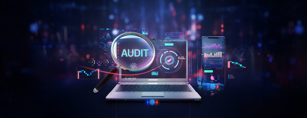 futuristic datum infographic charts graphs and data analysis of corporate company accounting balance sheet and expenses audit service on laptop and mobile app screen with magnifier lens as wide banner