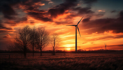 Obraz premium Silhouette of wind turbine turning against dramatic sunset sky generated by AI
