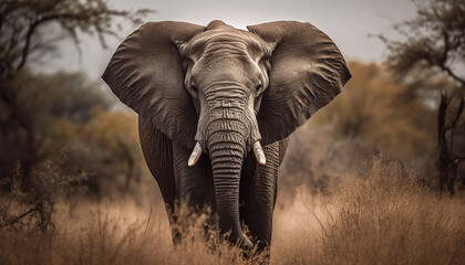 Fototapeta na wymiar African elephant herd standing strong in tranquil savannah wilderness generated by AI